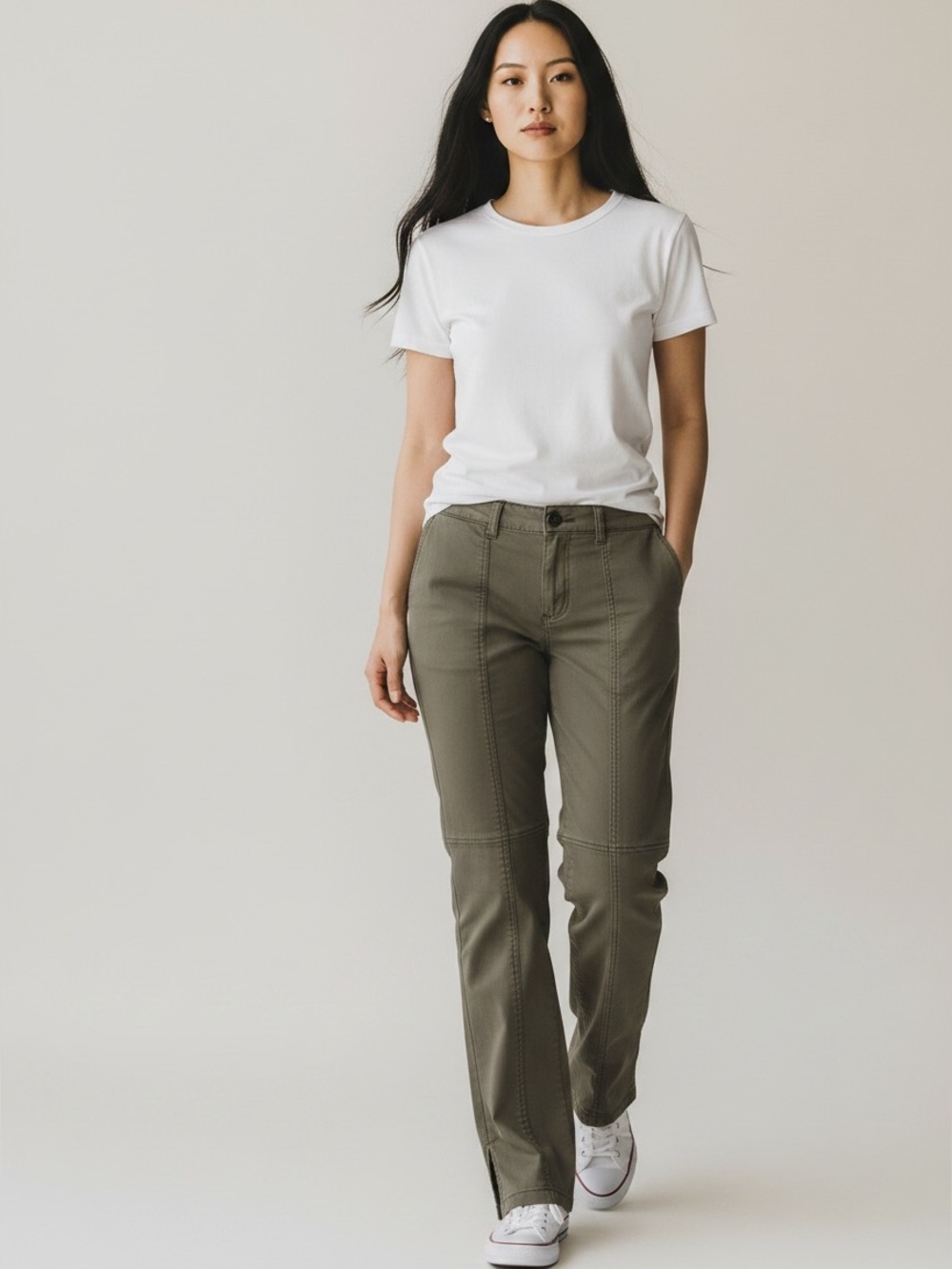 Peace Love World Olive Jeans, 8 “ Front Slits
Stitching Details ~ NWOT ~size 4 L